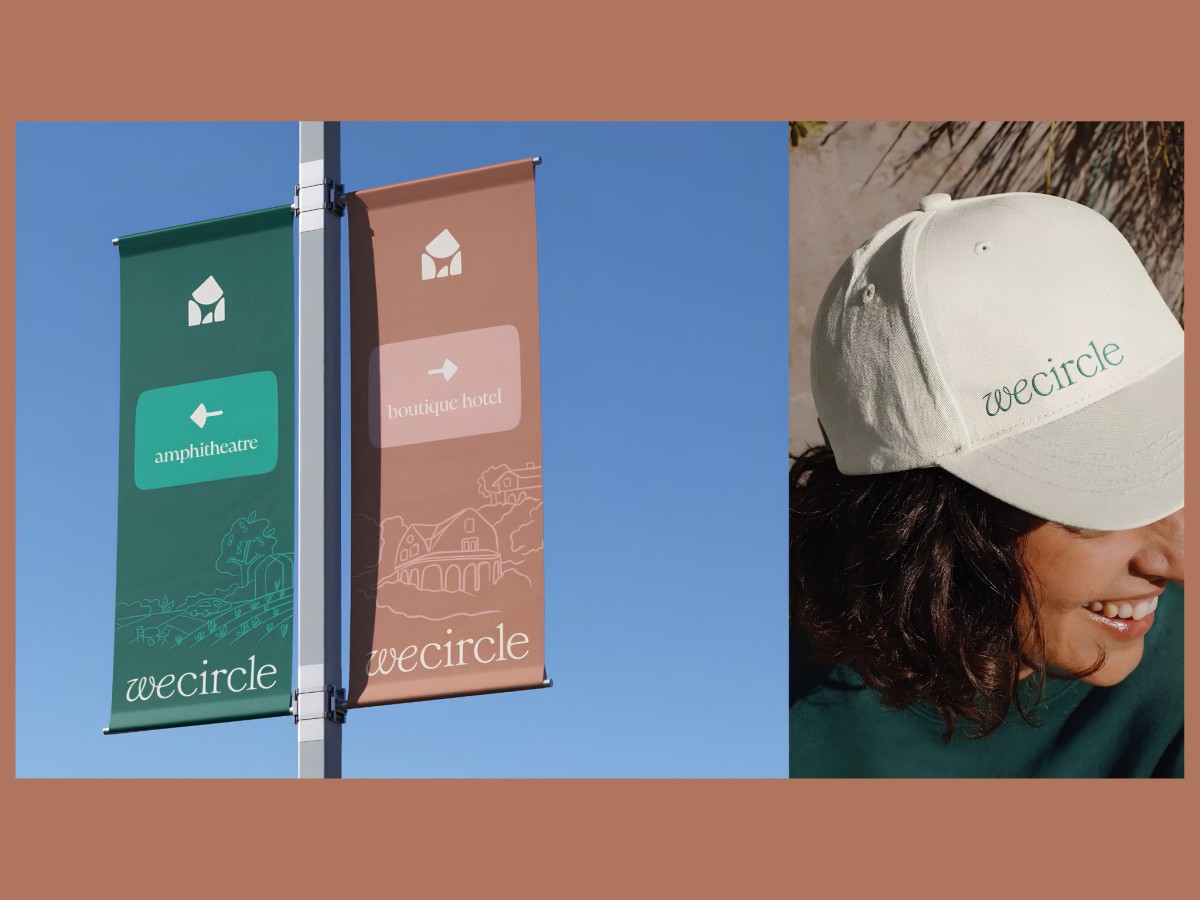 Outdoor directional banners and person wearing branded cap.