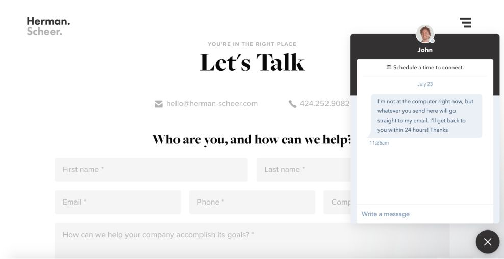 Herman & Scheer Clean Contact Page
