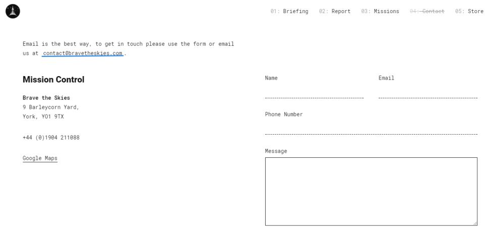 Brave the Skies Clean Contact Page