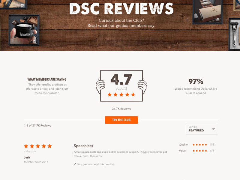 Dollar Shave Club Awesome Testimonials Page