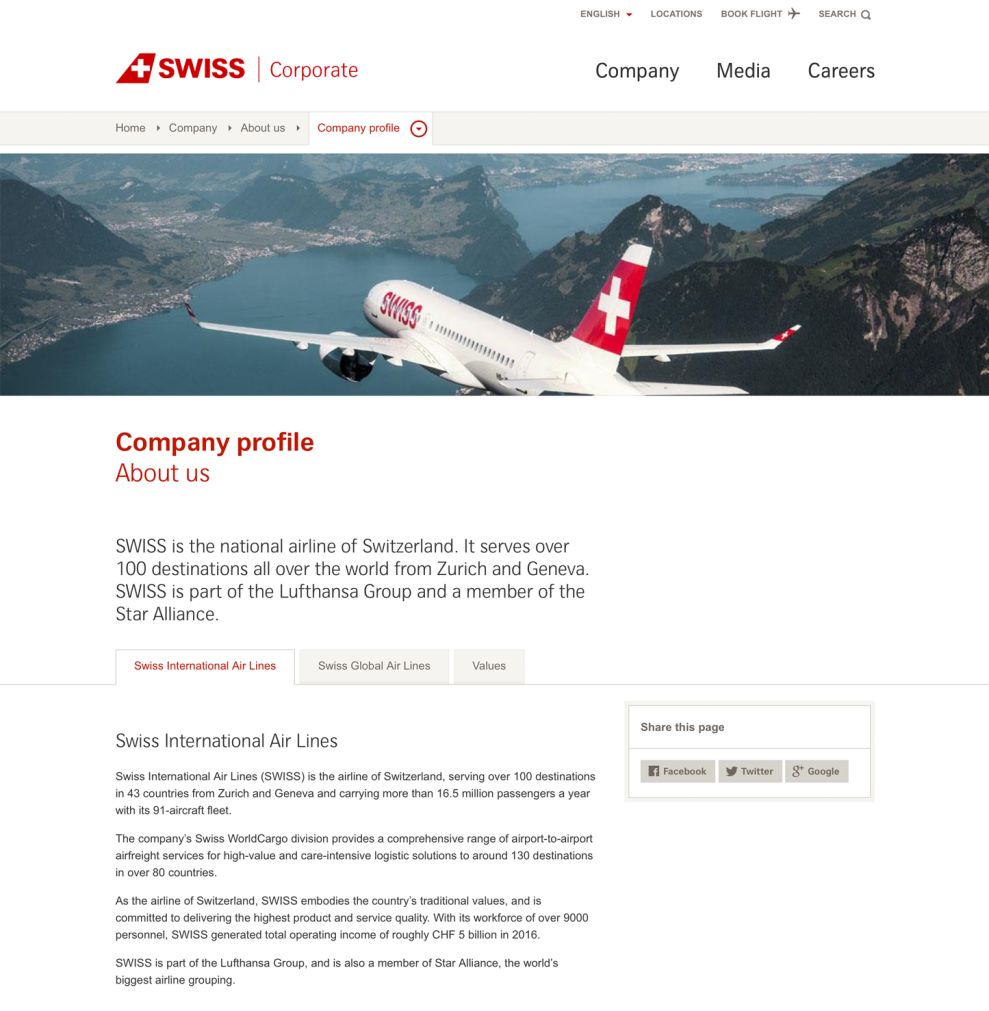 Swiss International Airlines Clean About Page