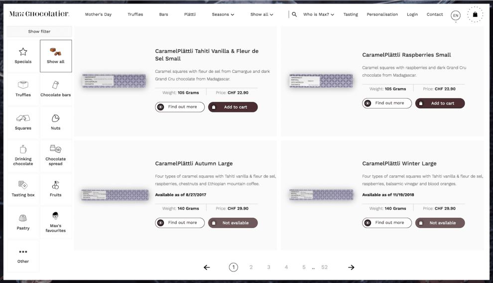 Max Chocolatier Products Website Design