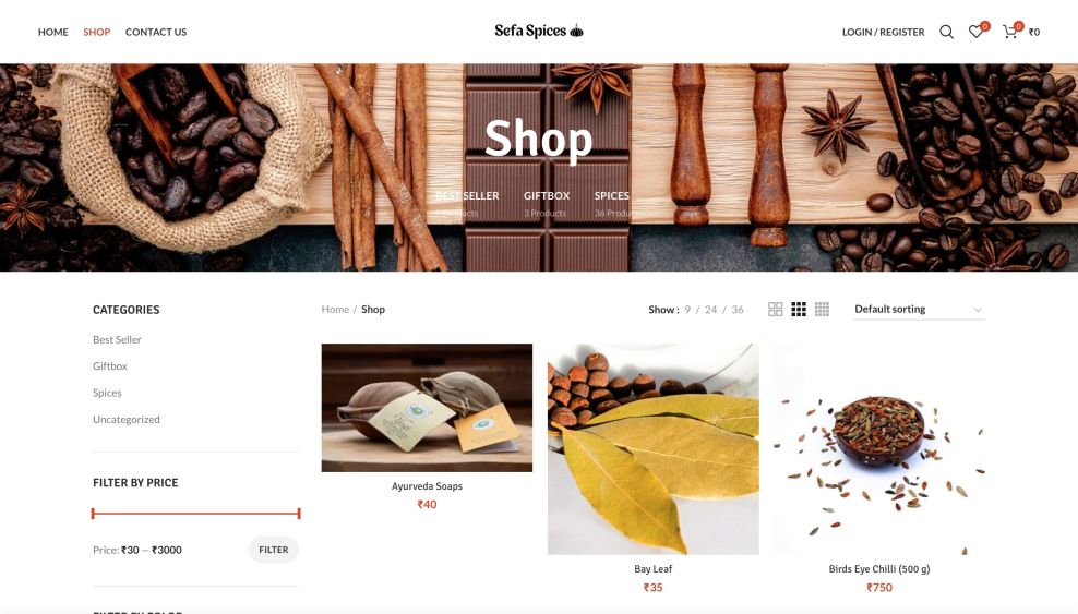 Sefa Spices web design shop user interface