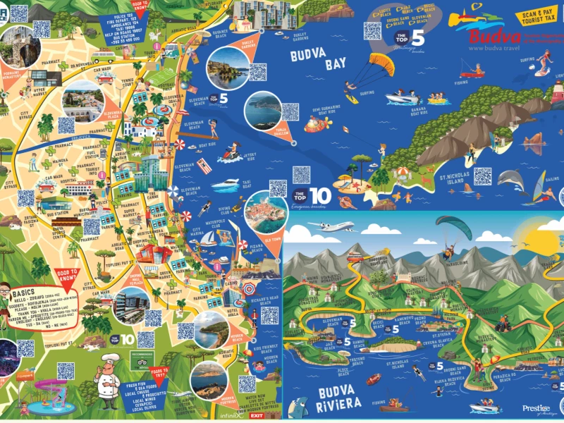 Budva and Petrovac Tourist Map Print Design