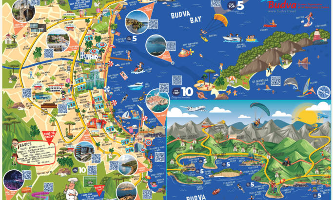 Budva and Petrovac Tourist Map Print Design