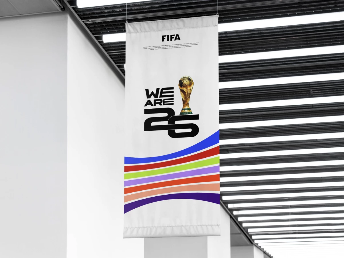 FIFA World Cup 2026 banner design by Qurics featuring the gold trophy and merged "26" numerals.