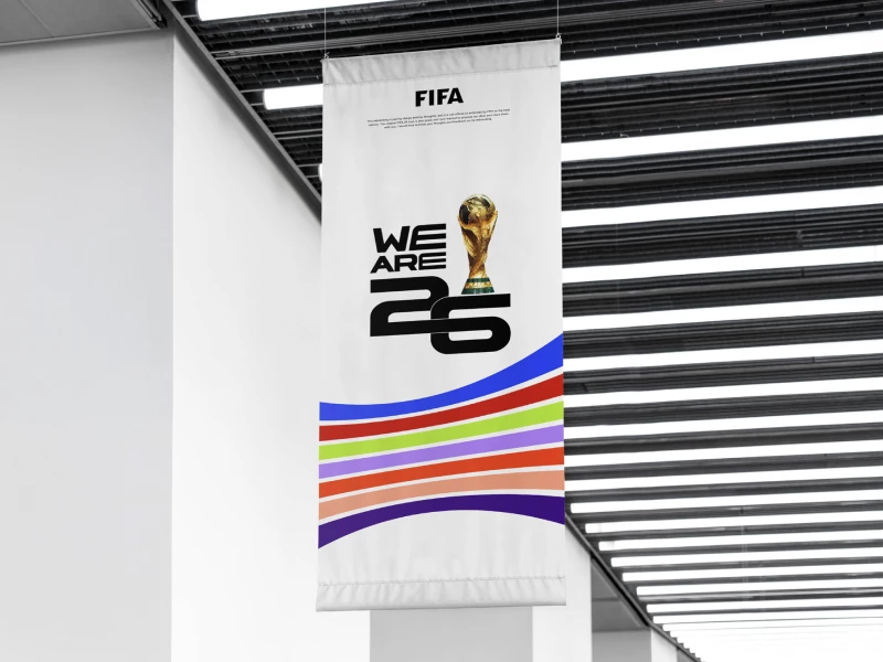 FIFA World Cup 2026 banner design by Qurics featuring the gold trophy and merged "26" numerals.