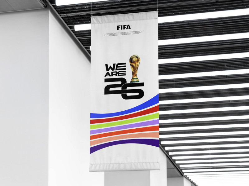 FIFA World Cup 2026 banner design by Qurics featuring the gold trophy and merged "26" numerals.