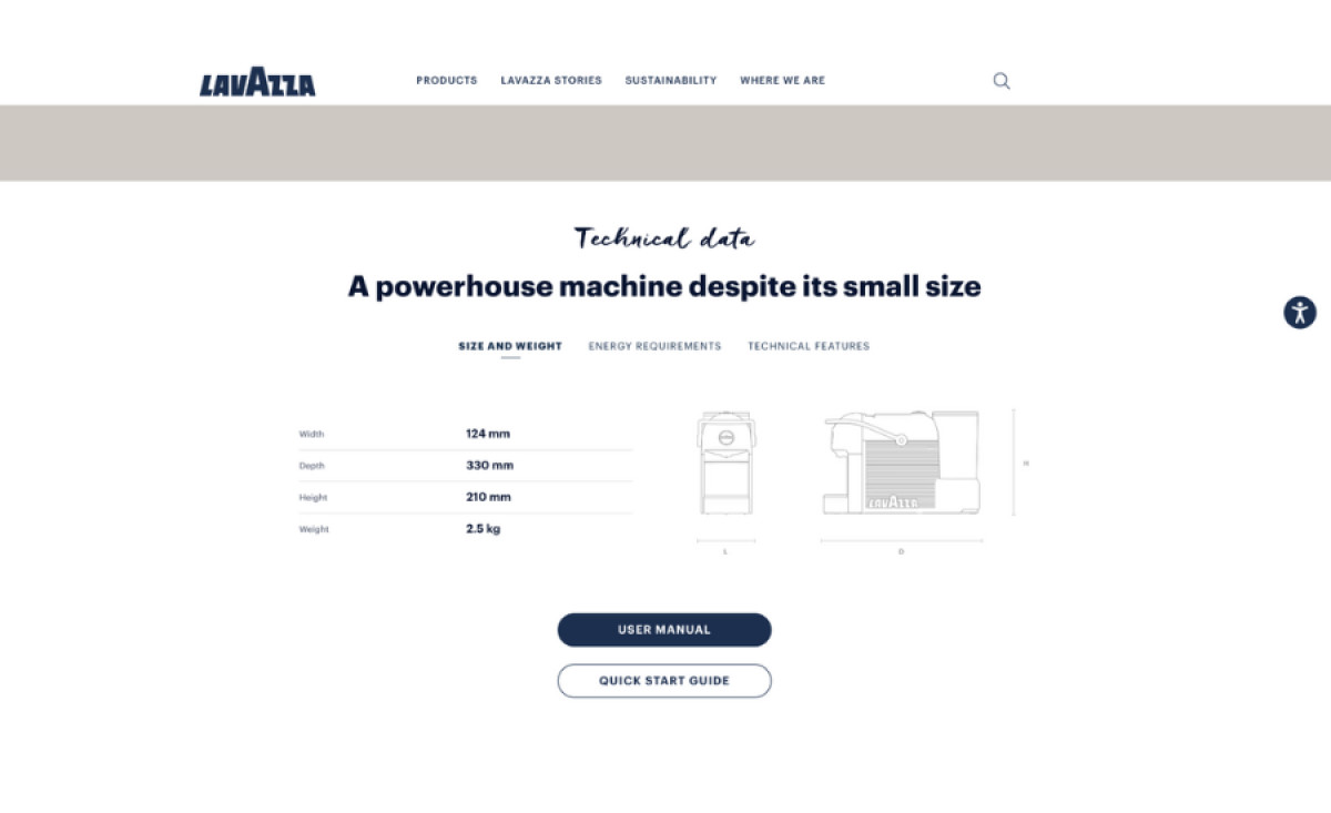 Lavazza’s Jolie Coffee Machine Website Technical Data Design