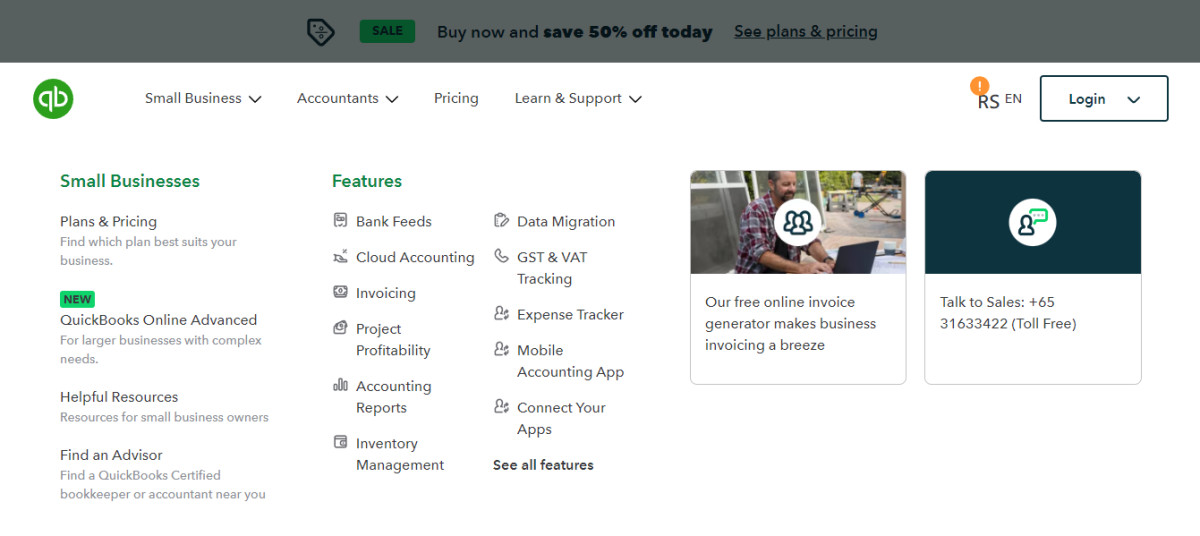 Quickbooks Website Design Intuitive Main Menu