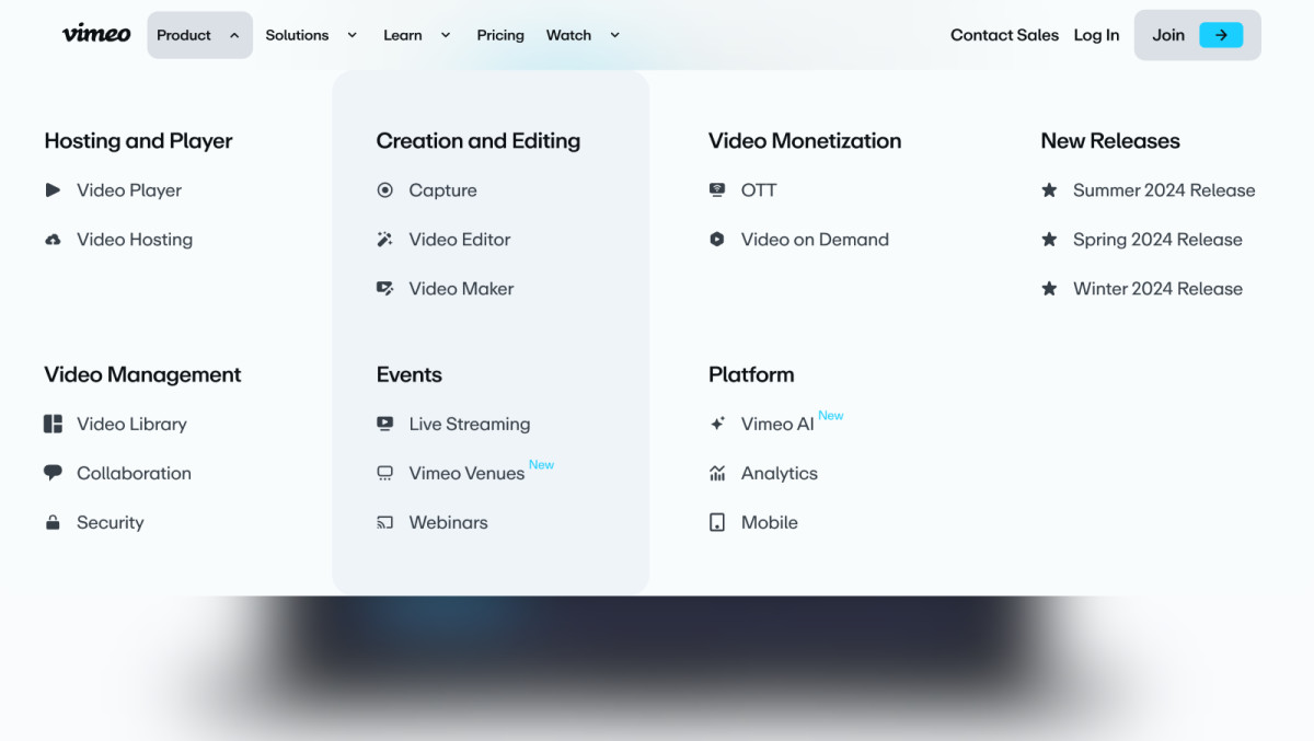 Vimeo Website's Organized Navigation System