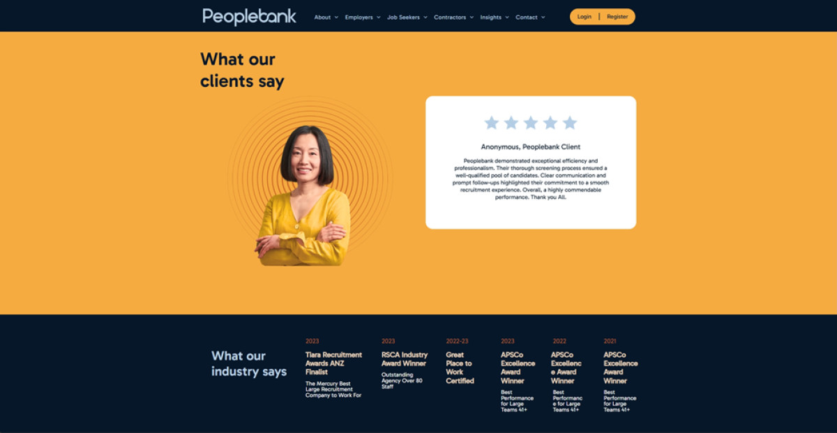 RGF Staffing Peoplebank website yellow and navy color palette