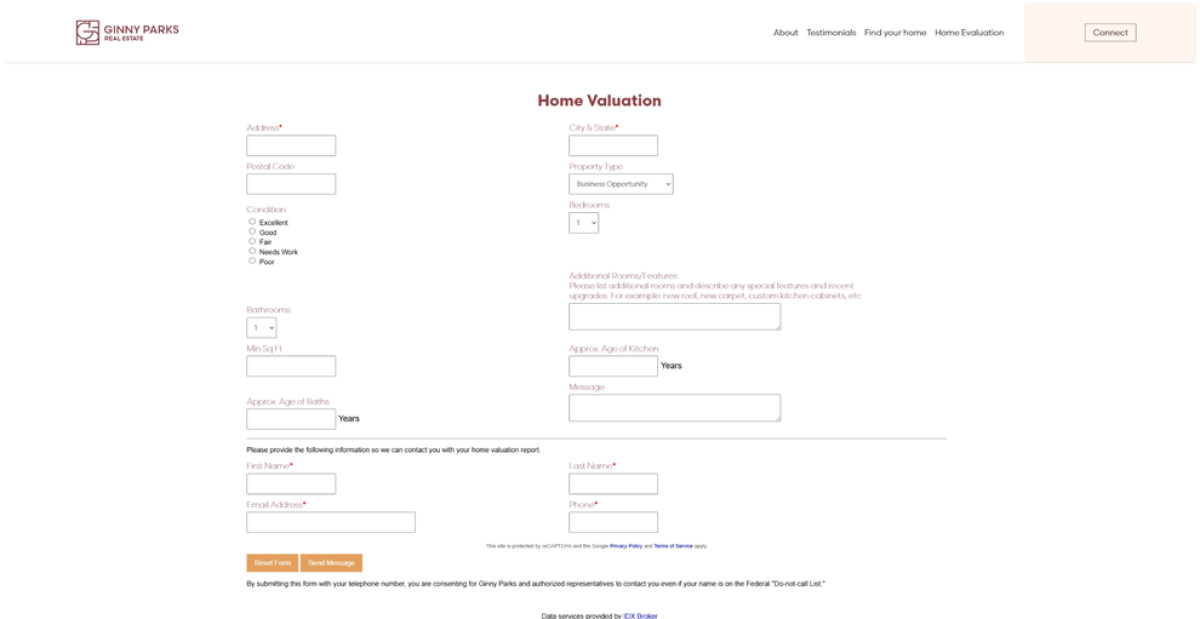 Ginny Parks Real Estate website design home page hero section