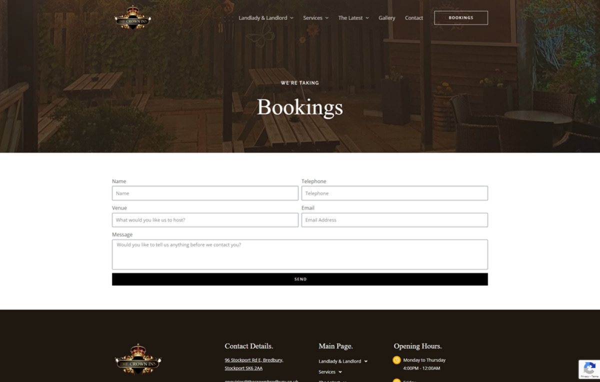 The Crown Inn website design bookings page