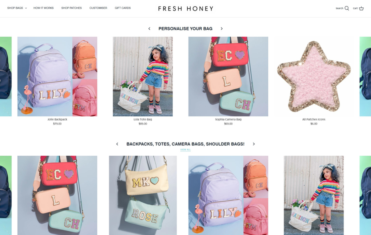 Fresh Honey AU website design product gallery.