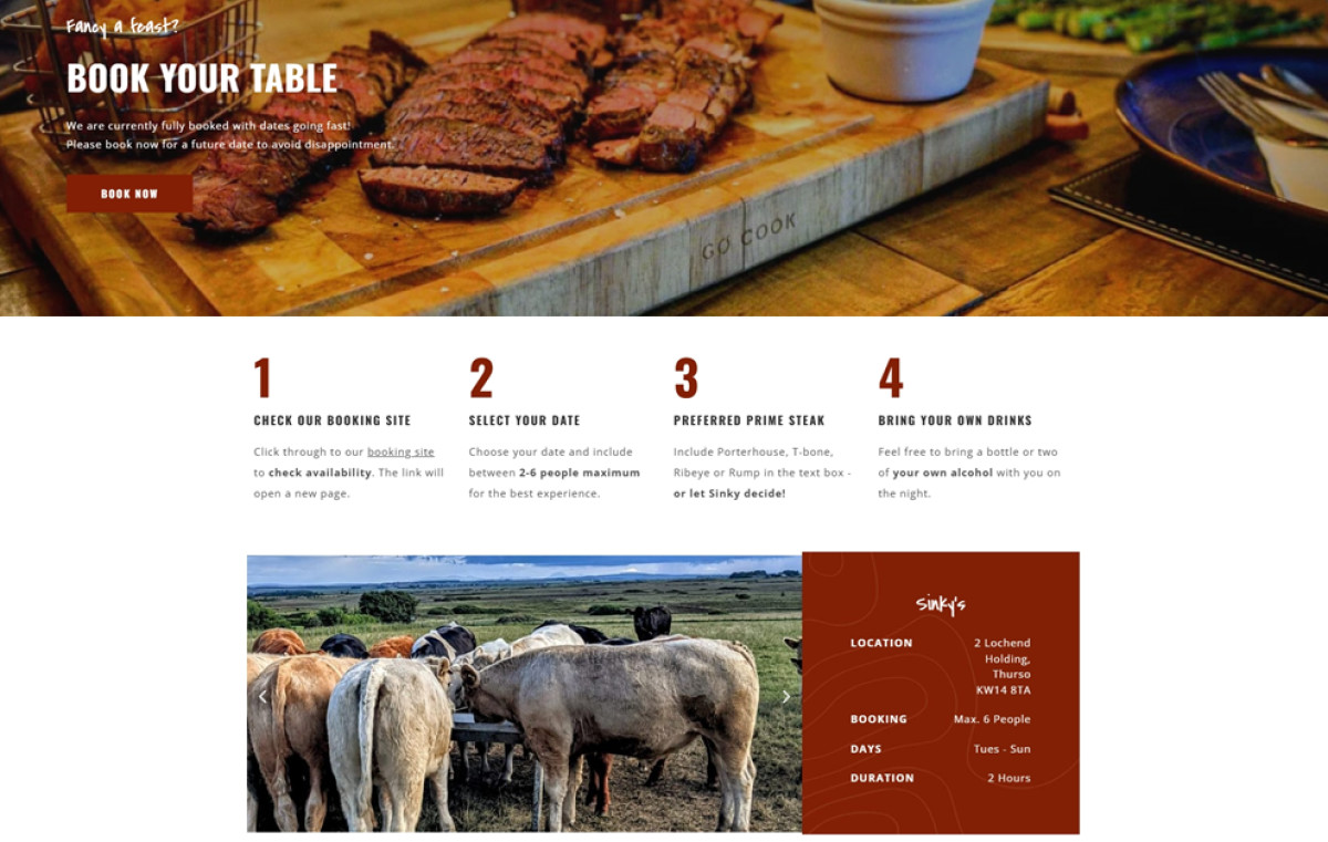 Sinky's Beer Garden & Grill website design book your table page.