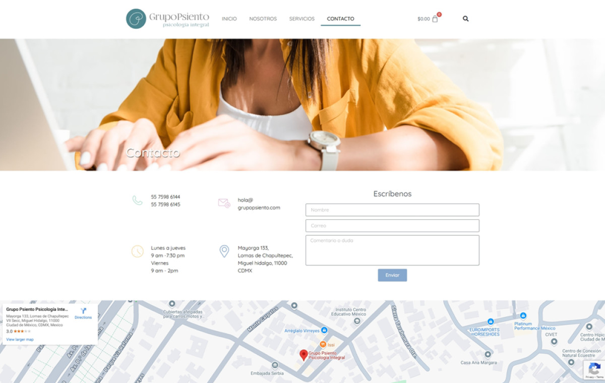 Grupo Psiento contact us page website design.