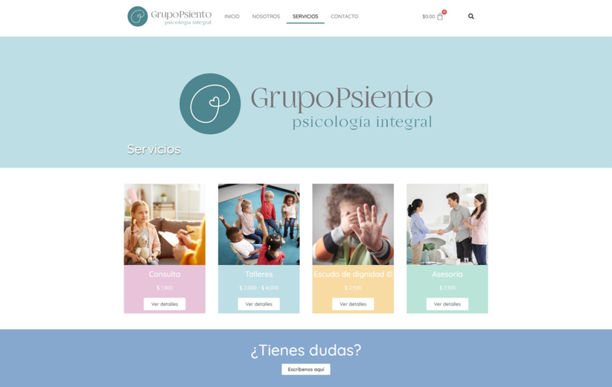Grupo Psiento services page website design.
