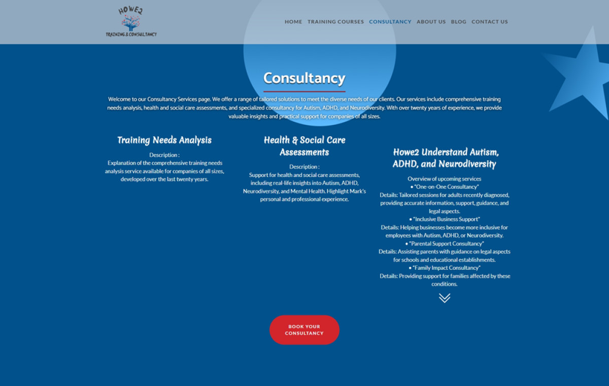 Howe2 Training & Consultancy website design consultancy page.