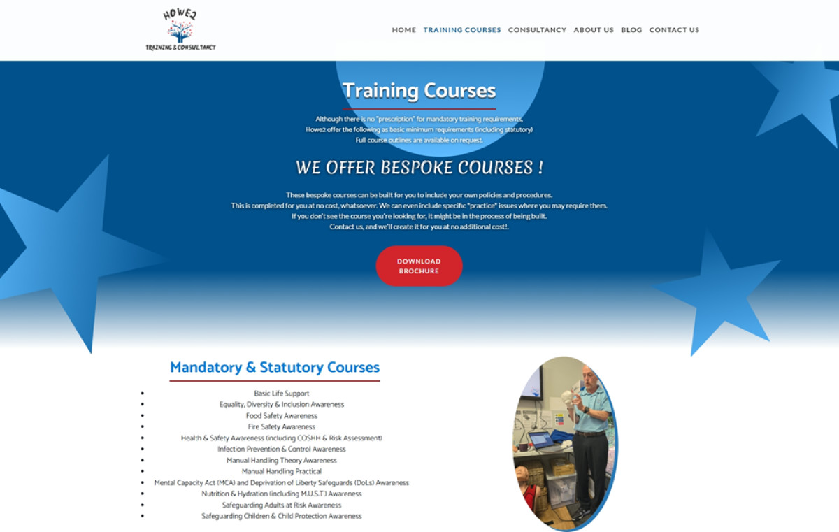 Howe2 Training & Consultancy website design training courses page.