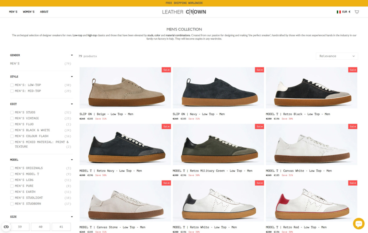 Leather Crown website design eCommerce page.