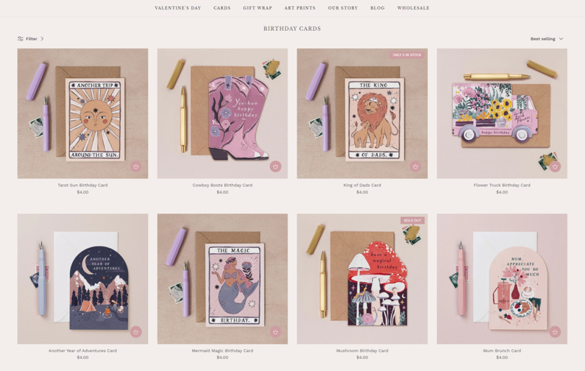 Sister Paper Co. website design birthday cards product page.