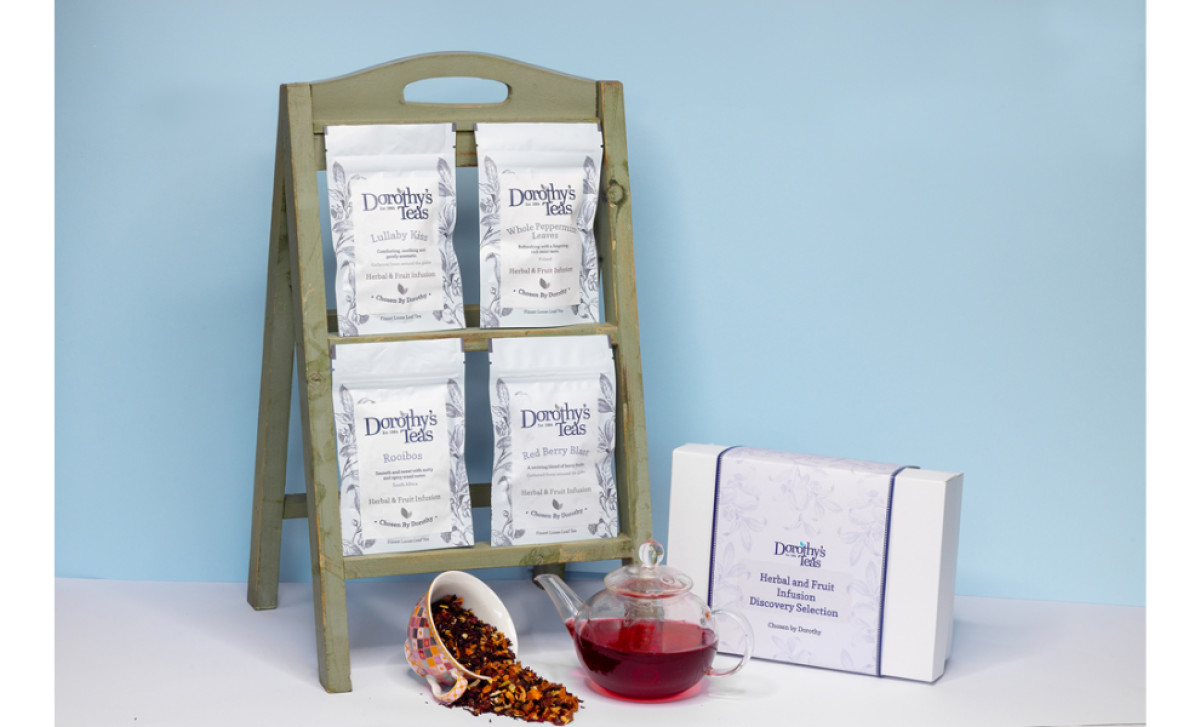 Dorothy's Teas packaging design on a shelf.