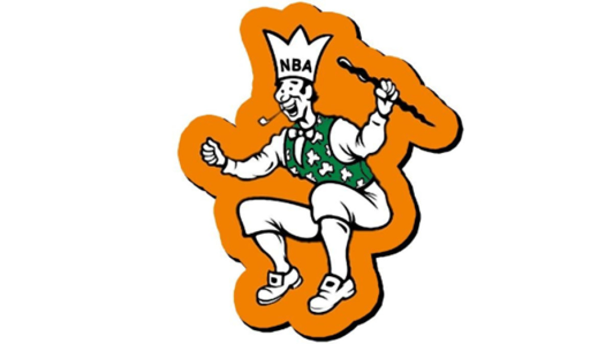Boston Celtics logo design from 1960 to 1968 with leaping leprechaun against orange background