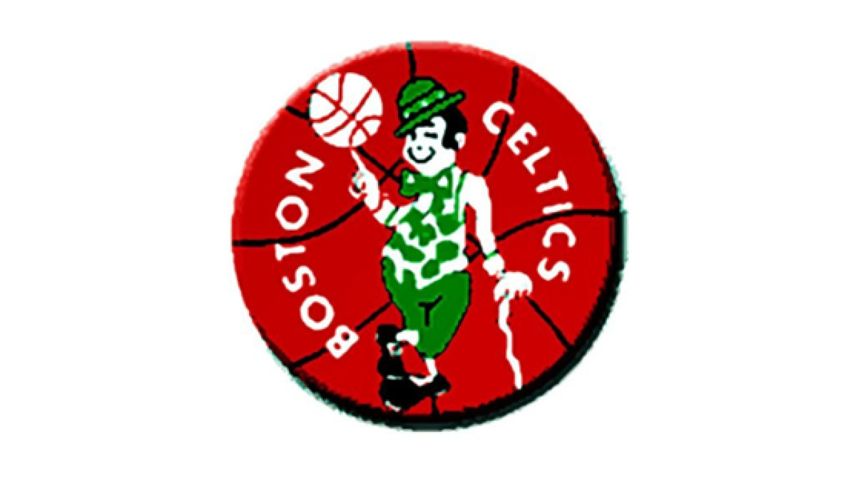 Boston Celtics logo design from 1968 to 1974 with a leprechaun spinning basketball red background