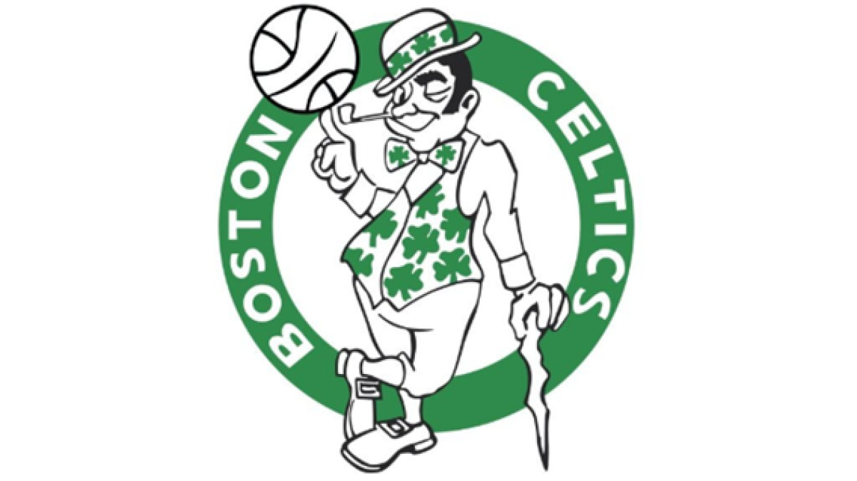 Boston Celtics logo design from 1974 to 1996 with a leprechaun spinning basketball