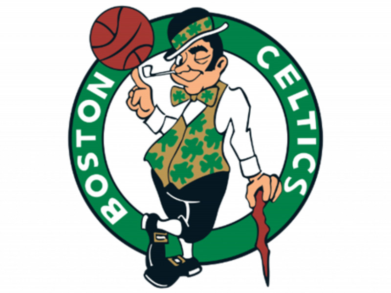 Boston Celtics logo design featuring a leprechaun spinning a basketball inside a green ring