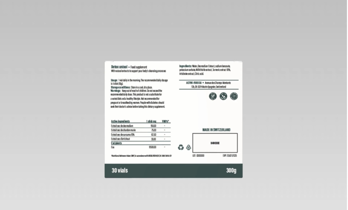 Back panel of Detox Unisol supplement featuring nutrition facts and product information by Andreea Juganaru.