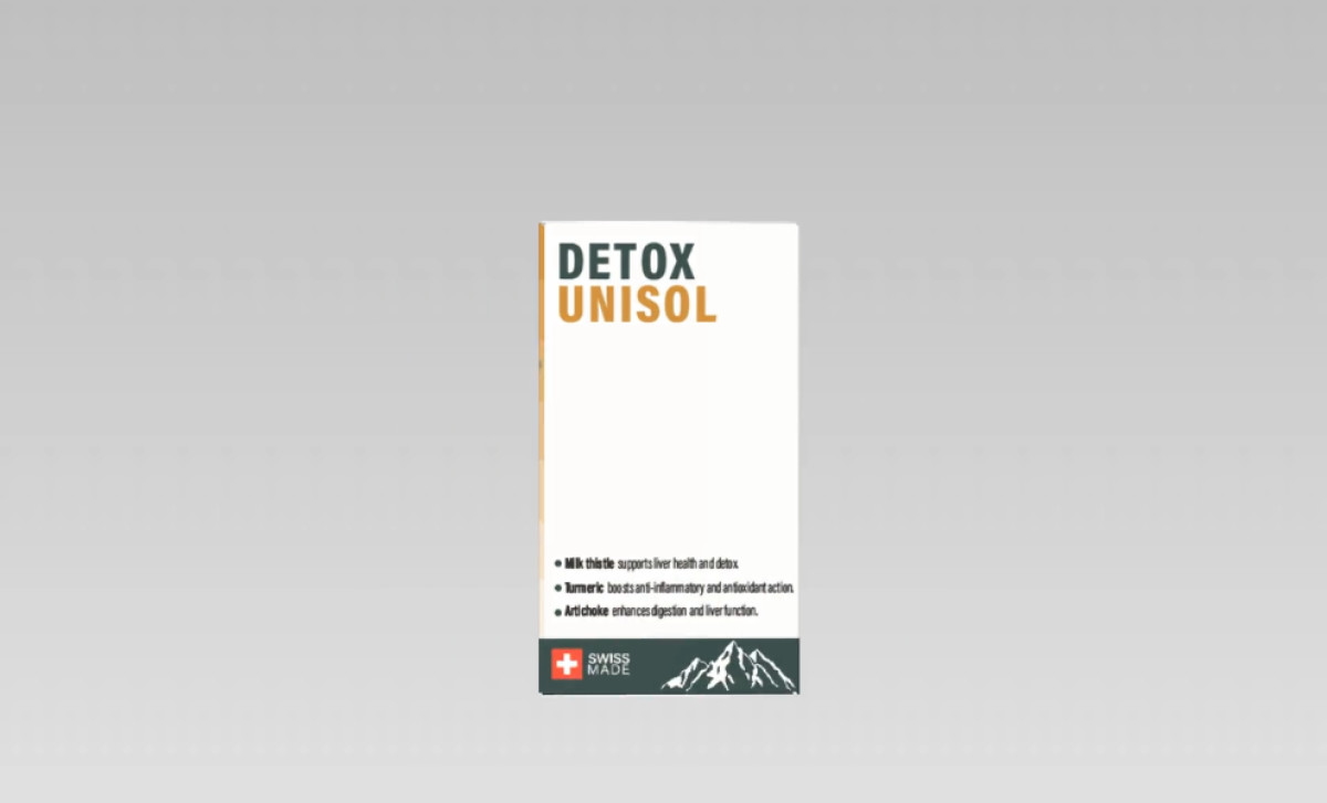 Front panel of Detox Unisol supplement packaging highlighting key benefits by Andreea Juganaru.