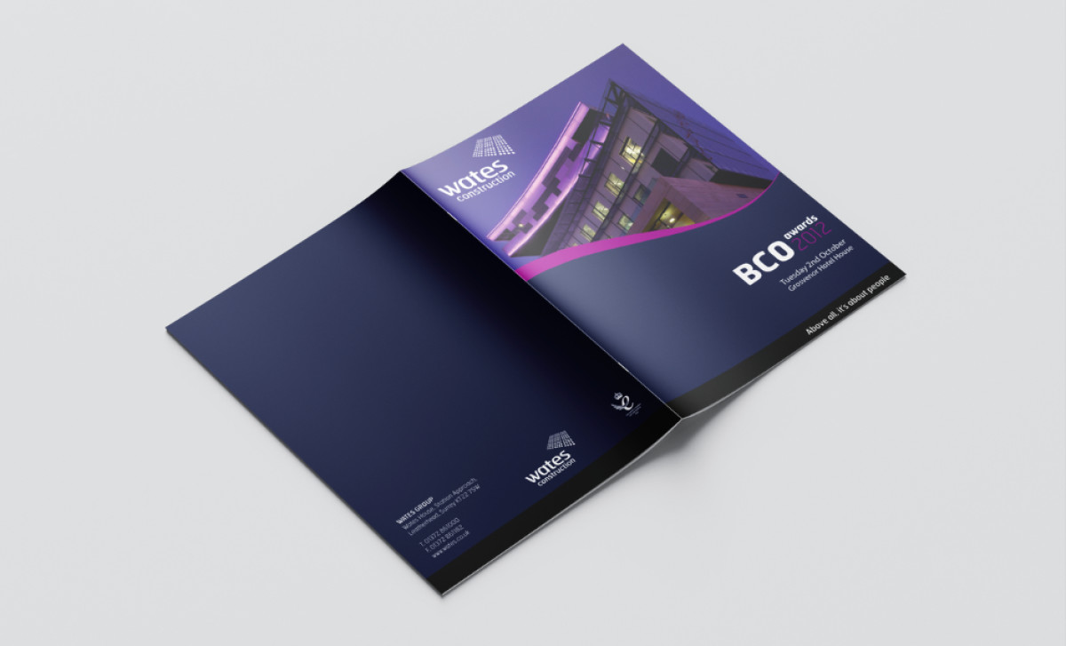 Wates brochure spread with modern building cover and contact details by Galvanize Design.