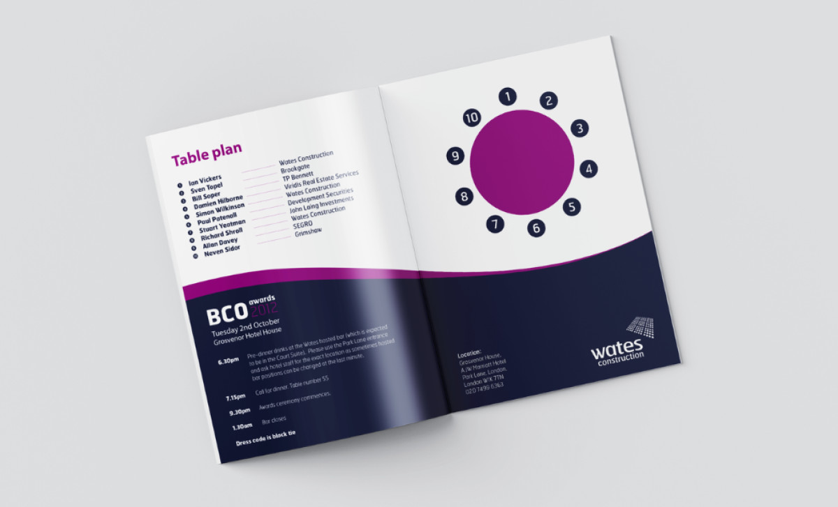 Inside spread of Wates showing the table plan and schedule by Galvanize Design.