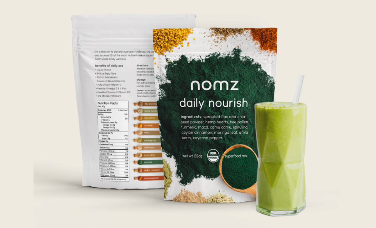 Nomz Daily Nourish superfood mix packaging with front and back views by Olivia Springle.