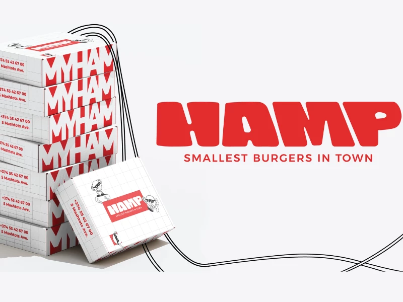 HAMP branding with bold red logo and tagline 'Smallest Burgers In Town' by Aurora Barealisse.