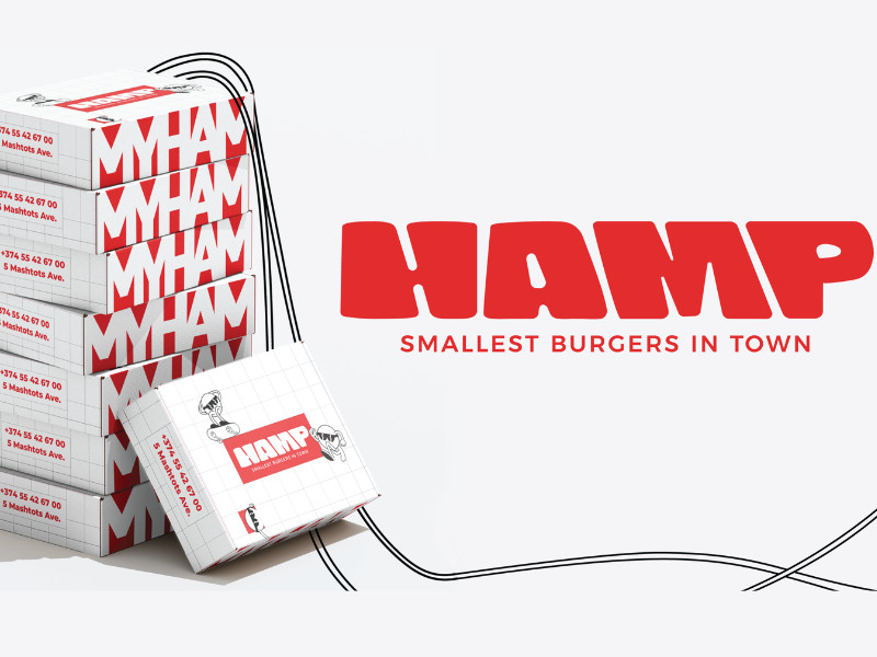 HAMP branding with bold red logo and tagline 'Smallest Burgers In Town' by Aurora Barealisse.