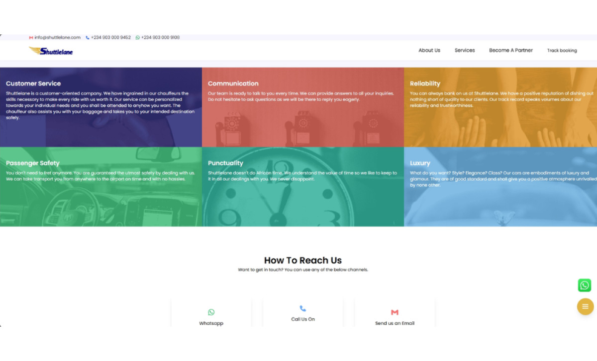 Shuttlelane website displaying key services and a 'How To Reach Us' section by Gethsemane Technologies.