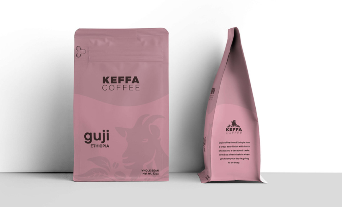 Keffa Coffee packaging design featuring a dusty rose pouch by Eddie Imparato.