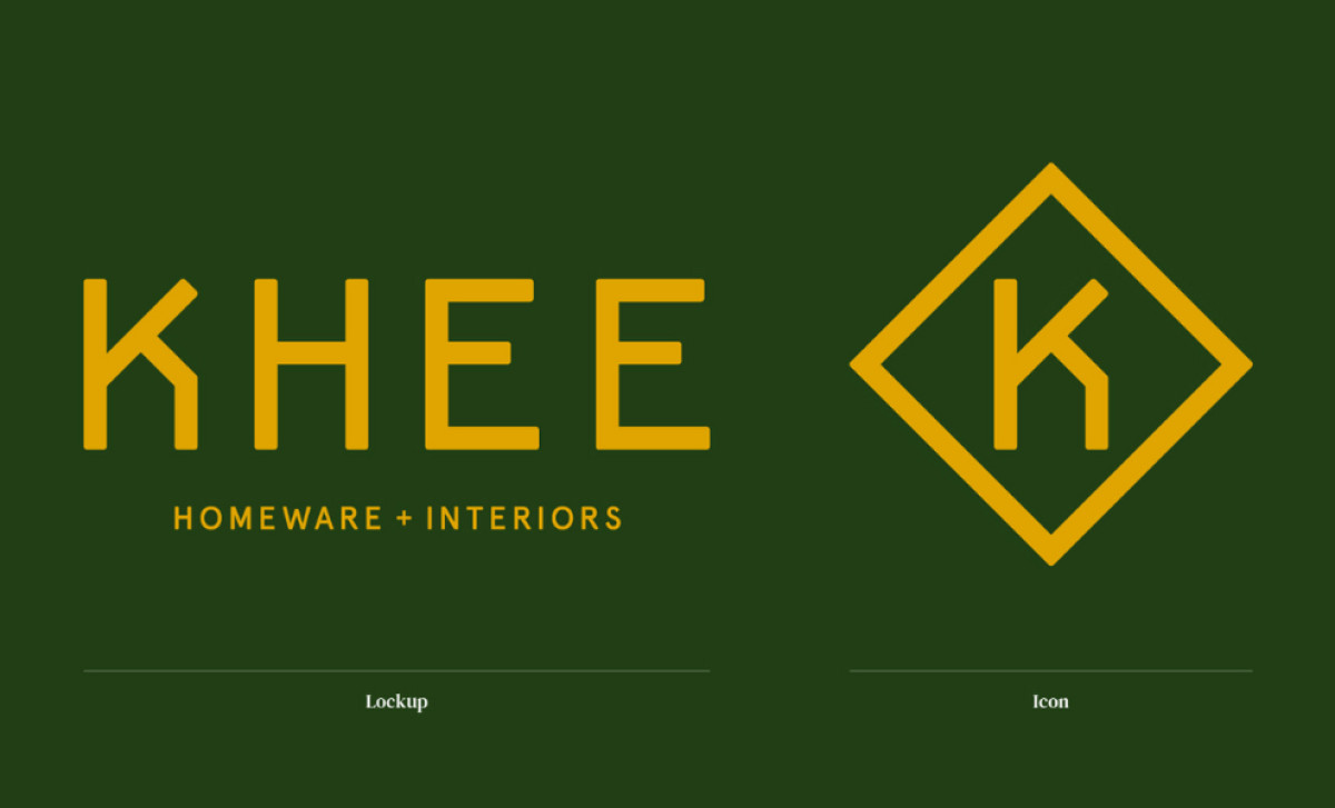 KHEE Homeware + Interiors logo variations on a dark green background by Gavin Reid Design.