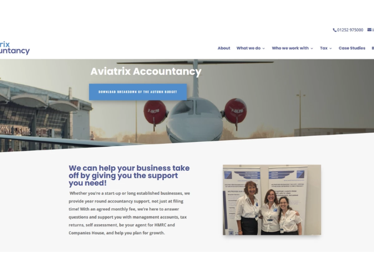 Aviatrix Accountancy Home Page section website design by Carr Designs.