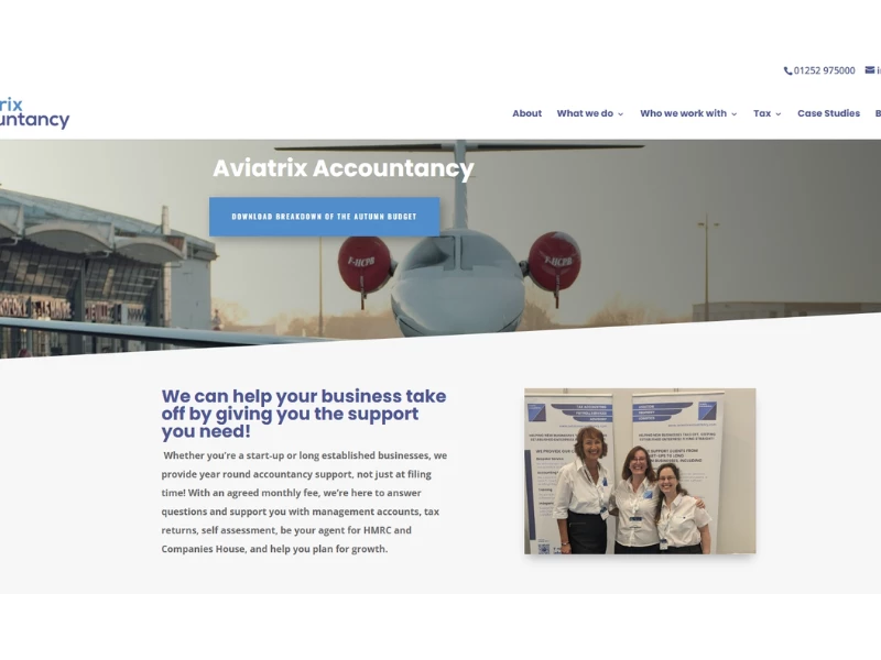 Aviatrix Accountancy Home Page section website design by Carr Designs.