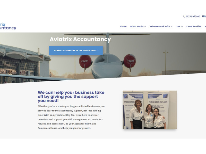 Aviatrix Accountancy Home Page section website design by Carr Designs.