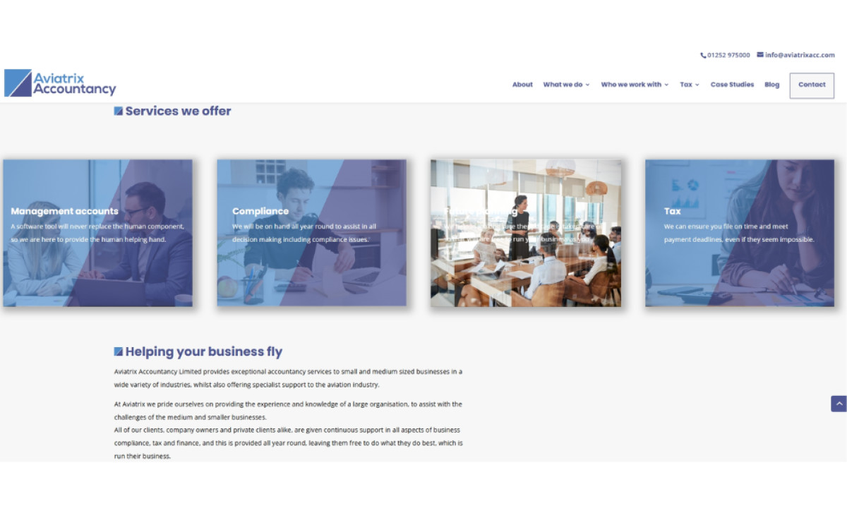 Aviatrix Accountancy highlighting various services by Carr Designs.