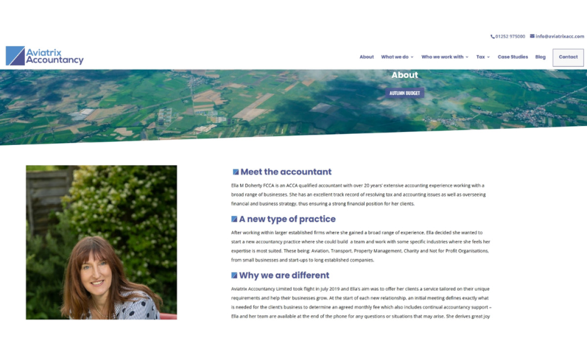 Aviatrix Accountancy About section website design by Carr Designs.