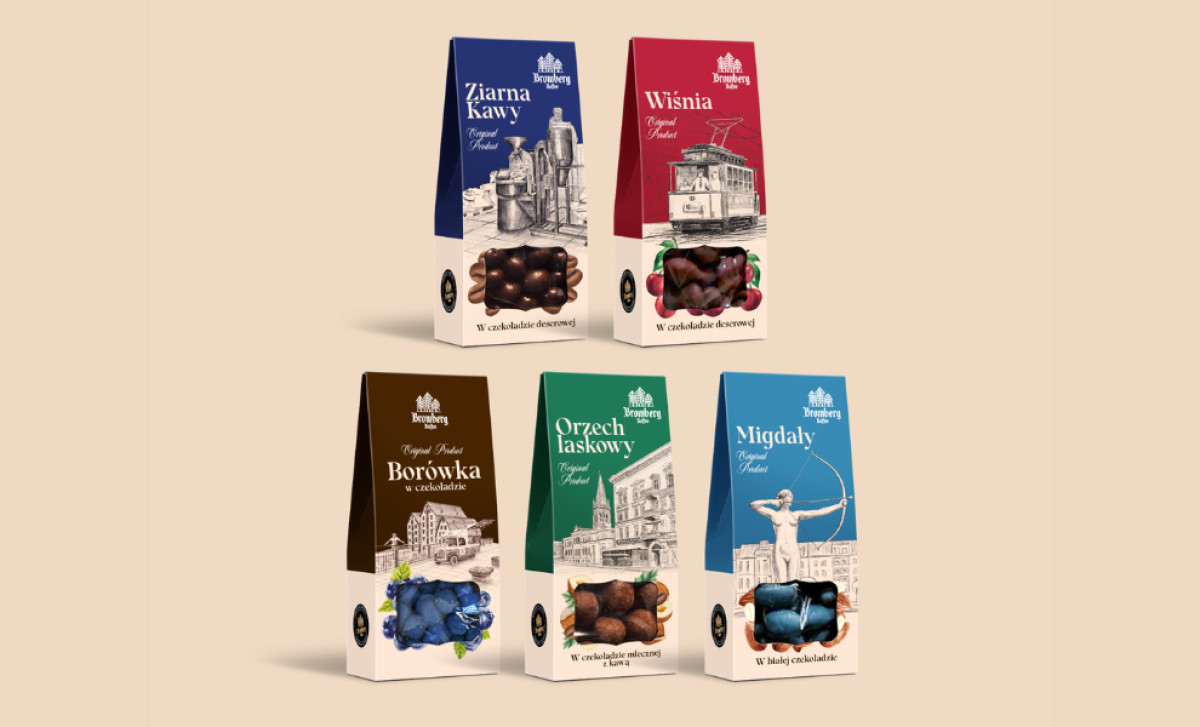 Bromberg Kaffee assortment of five confectionery product boxes by Mion.studio.