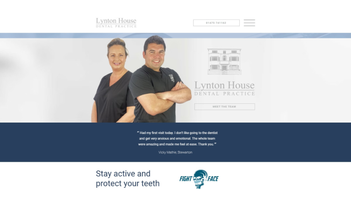 Lynton House Dental Practice website homepage with team photo and testimonial by Dental Web Design Scotland.