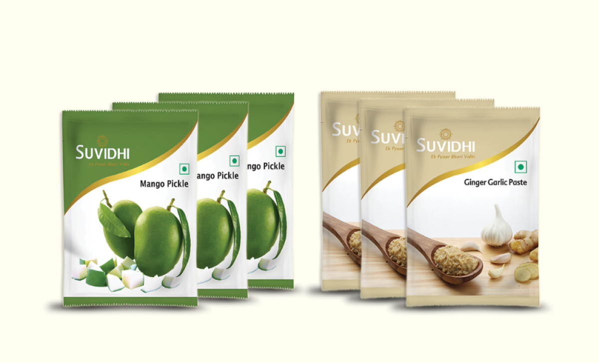 Suvidhi pickle pouches next to paste pouches Le Dessein Studio.