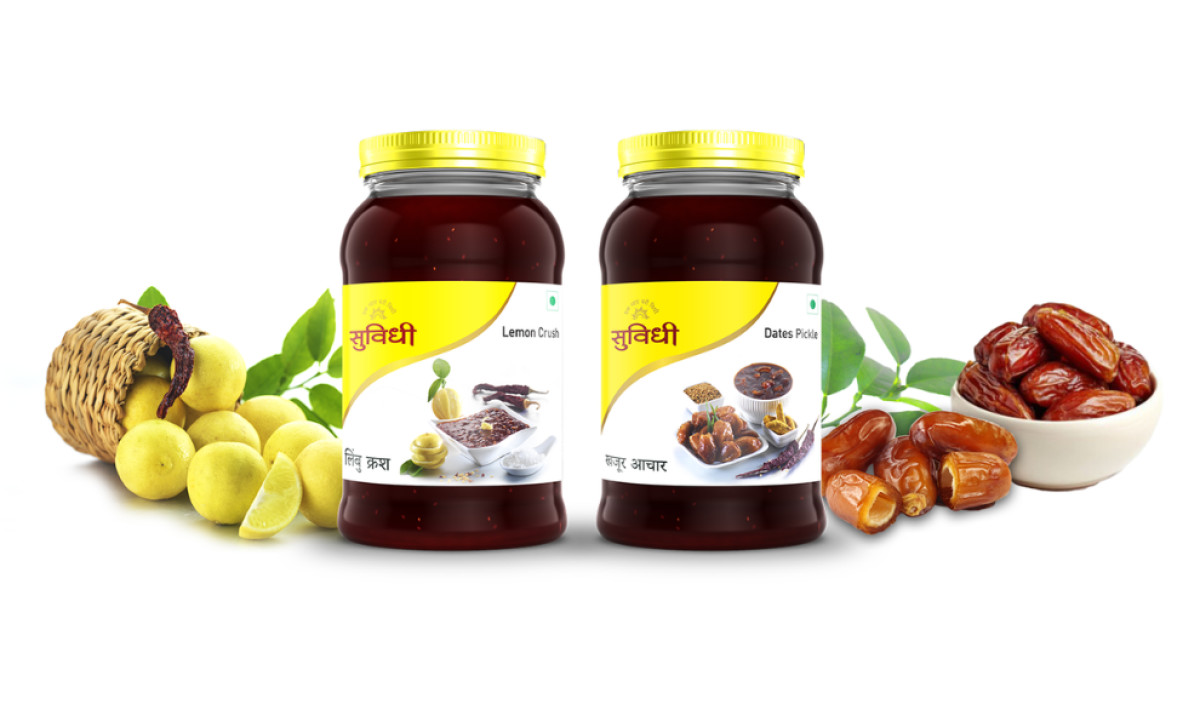 Suvidhi glass jars with yellow labels and caps by Le Dessein Studio.